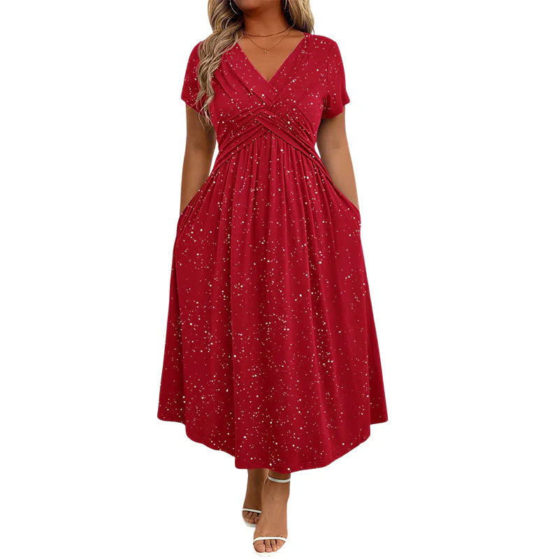👗 Elegantné dámske midi šaty s vreckami a leskom – pohodlie na jar a leto! 👗