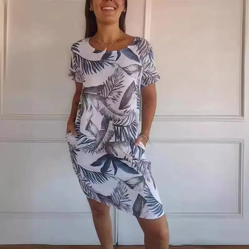 🌼Dámske bavlnené a ľanové šaty s okrúhlym výstrihom a potlačou
