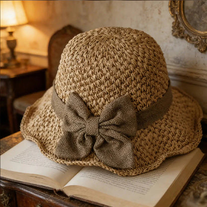 🏖️👒Elegantný pletený slamenný klobúk s mašľou