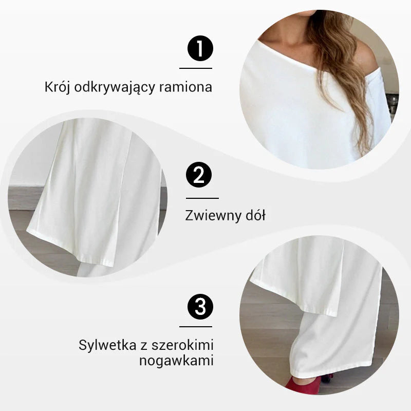 👗 Dámsky dvojdielny set top s odhalenými ramenami + voľné nohavice