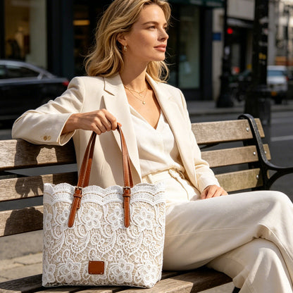 👜 Biela čipkovaná tote taška s PU koženým popruhom – priestranná & elegantná 💖