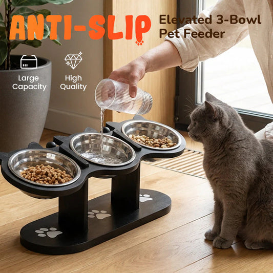 🐾Vysoká miska pre mačky a psov s tromi miskami – neklzká a stabilná🥣🍽️✨
