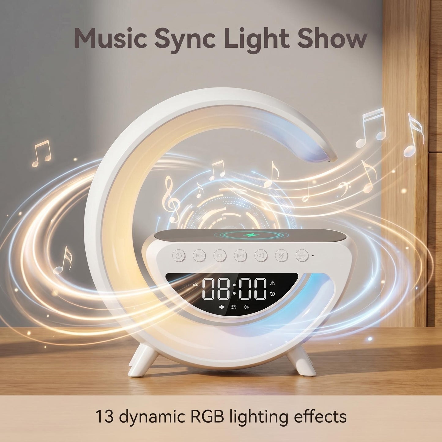 Lampa s reproduktorom a RGB osvetlením v tvare polmesiaca s bezdrôtovou nabíjačkou