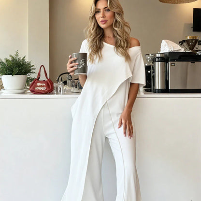 👗 Dámsky dvojdielny set top s odhalenými ramenami + voľné nohavice