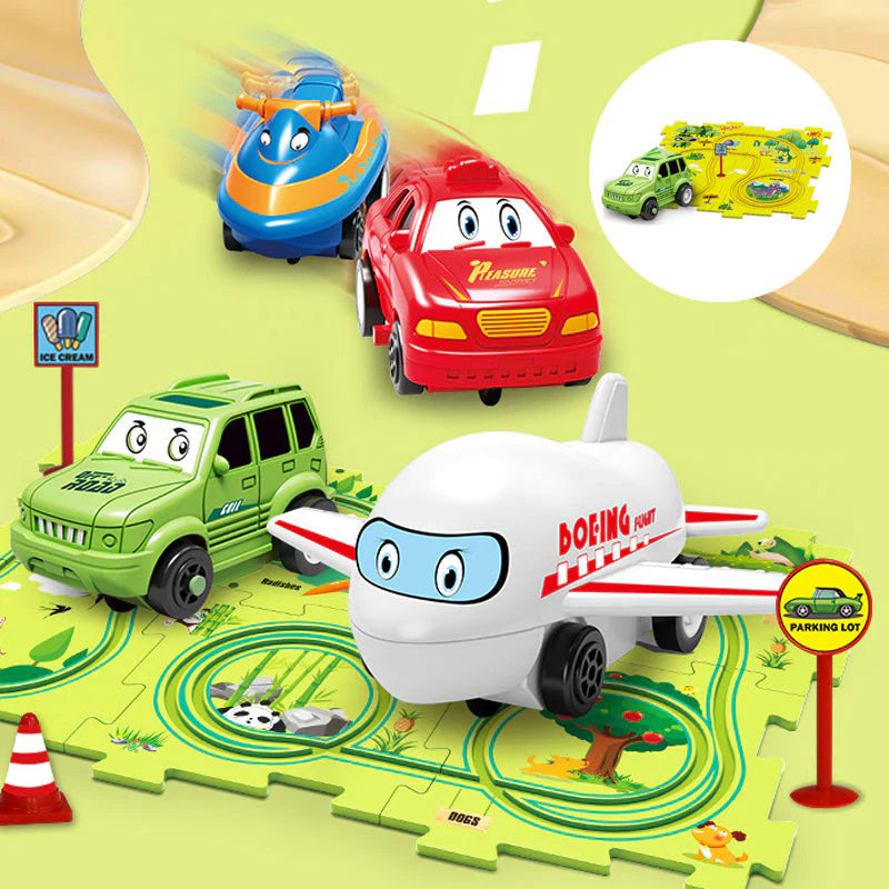 【👶Perfektný darček na rozvoj logického myslenia a zručností!】Detská vzdelávacia hracia sada s puzzle a autodráhou