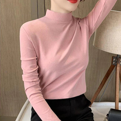 【🥰 Pohodlné a všestranné】Pohodlná jednobarevná dámská blůza s dlouhým rukávem a polotrikotovým límcem