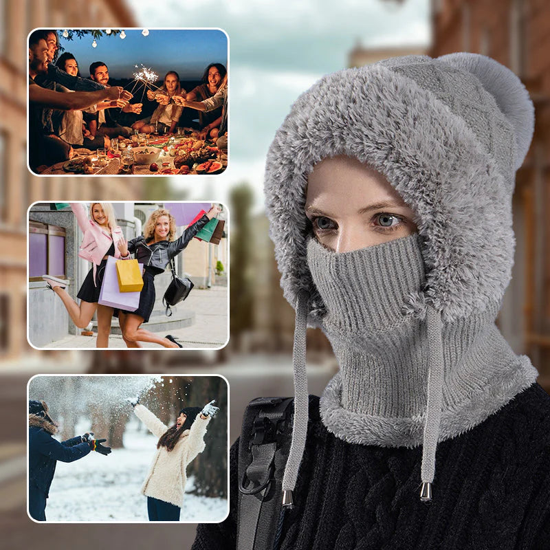 【❄️ Ideálne na lyžovanie, cestovanie alebo každodenné nosenie!】elegantná, hrubá pletená zimná čiapka s teplou pokrývkou tváre a šatkou