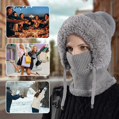 【❄️ Ideálne na lyžovanie, cestovanie alebo každodenné nosenie!】elegantná, hrubá pletená zimná čiapka s teplou pokrývkou tváre a šatkou