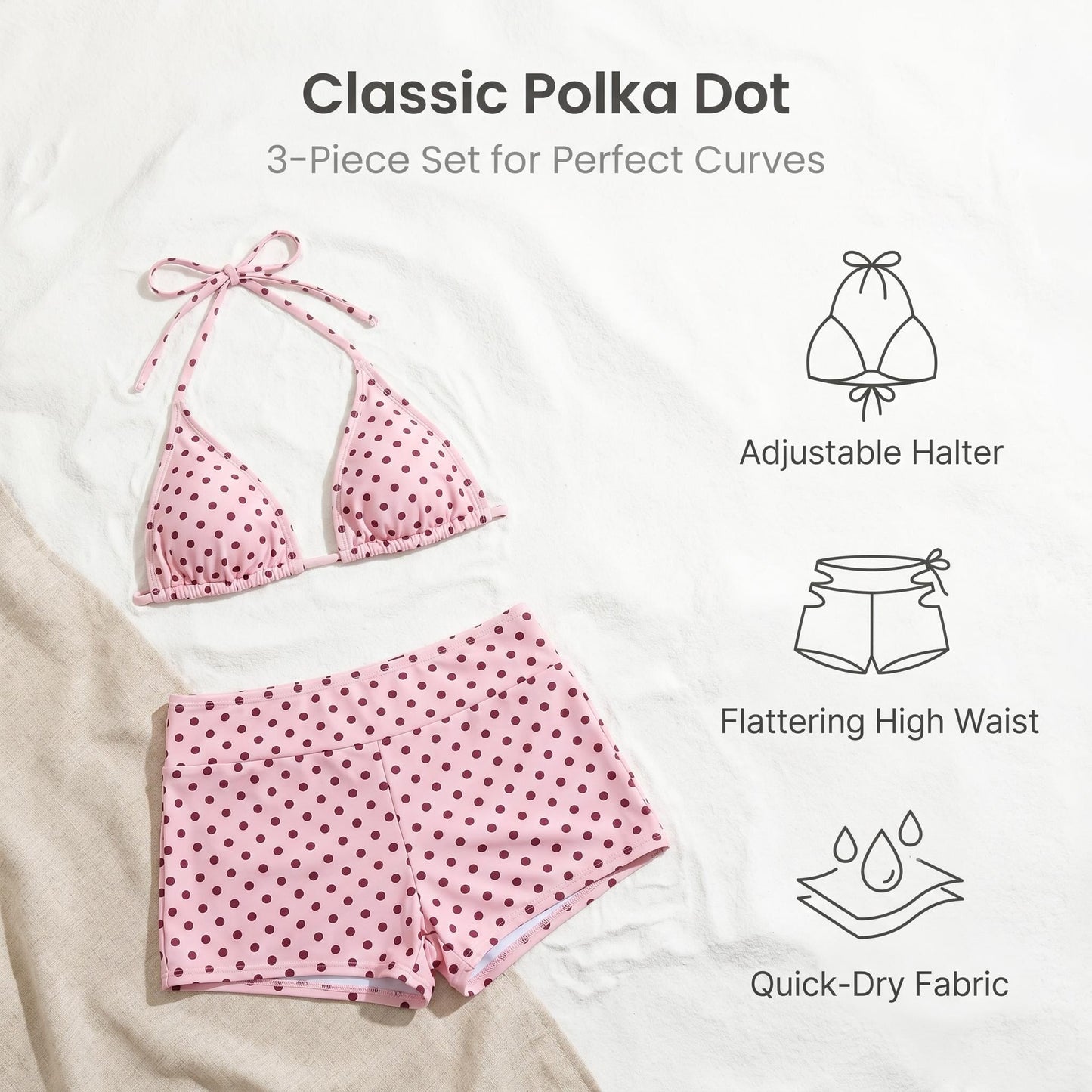 👙✨ Retro bodkovaná 3-dielna bikiny súprava – roztomilosť a štýl v jednom
