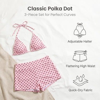 👙✨ Retro bodkovaná 3-dielna bikiny súprava – roztomilosť a štýl v jednom