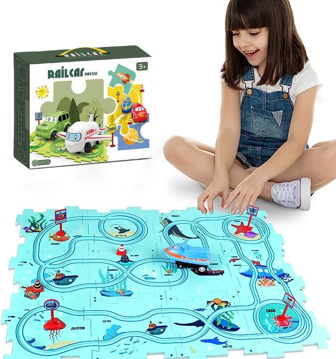 【👶Perfektný darček na rozvoj logického myslenia a zručností!】Detská vzdelávacia hracia sada s puzzle a autodráhou