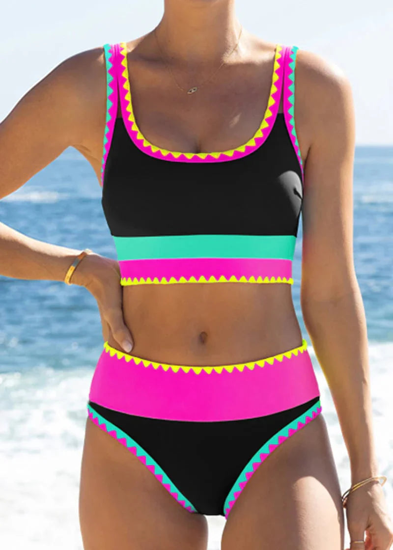 🔥🎁Novinka: 50 % ZĽAVA🔥🌼 Trojdielne športové bikiny z nylonu s farebnými blokmi – vysoký pás so zoštíhľujúcim efektom na brucho 👙