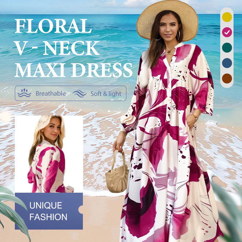 👗 Dámske ľahké maxi šaty s kvetinovým vzorom a V-výstrihom – pohodlie a elegancia na celé leto!