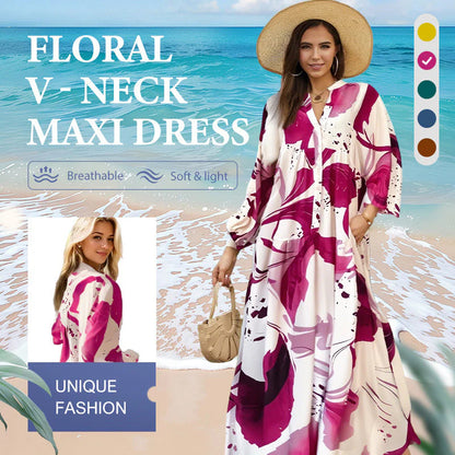 👗 Dámske ľahké maxi šaty s kvetinovým vzorom a V-výstrihom – pohodlie a elegancia na celé leto!