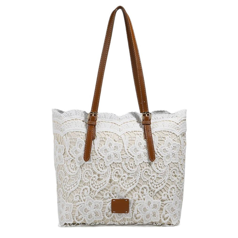 👜 Biela čipkovaná tote taška s PU koženým popruhom – priestranná & elegantná 💖