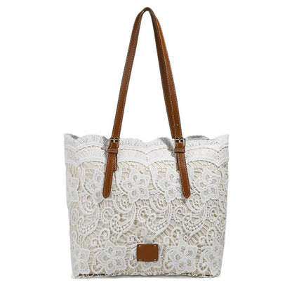 👜 Biela čipkovaná tote taška s PU koženým popruhom – priestranná & elegantná 💖