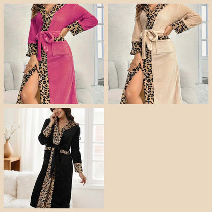 【🐆Elegantný dizajn a kontrastné farebné detaily】Kobiety Przytulny szlafrok z kapturem w panterkę
