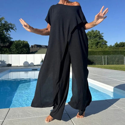 👗 Dámsky dvojdielny set top s odhalenými ramenami + voľné nohavice