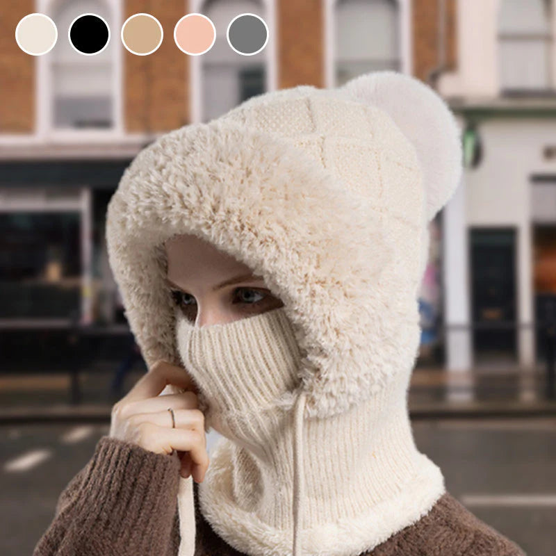 【❄️ Ideálne na lyžovanie, cestovanie alebo každodenné nosenie!】elegantná, hrubá pletená zimná čiapka s teplou pokrývkou tváre a šatkou