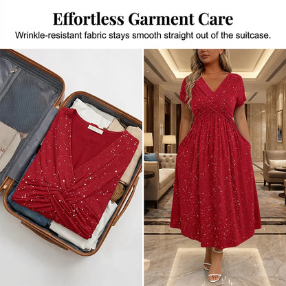 👗  Elegantné dámske midi šaty s vreckami a leskom – pohodlie na jar a leto! 👗