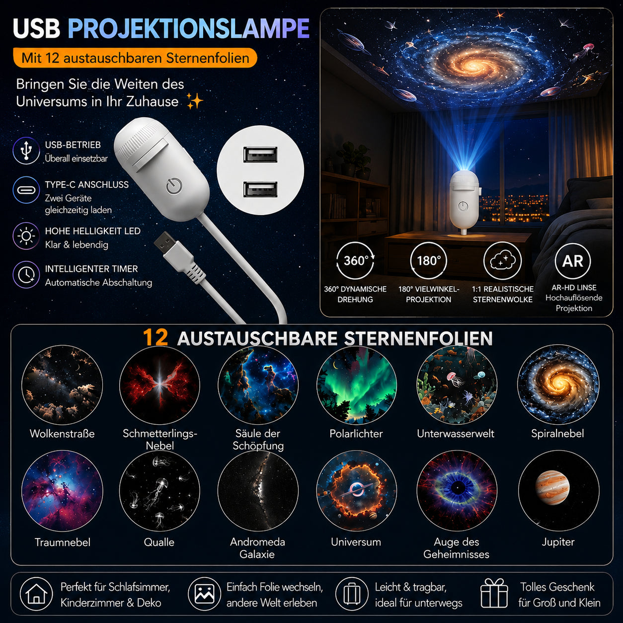 🌌✨ 2v1 Projektor hviezdnej oblohy a nočné svetlo – magická atmosféra doma