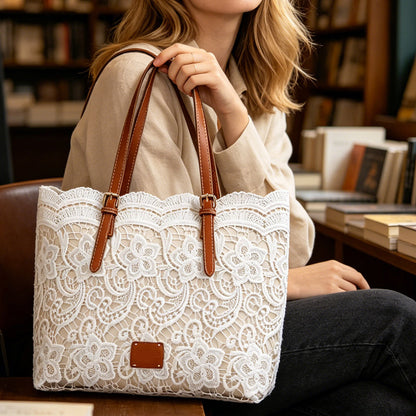 👜 Biela čipkovaná tote taška s PU koženým popruhom – priestranná & elegantná 💖