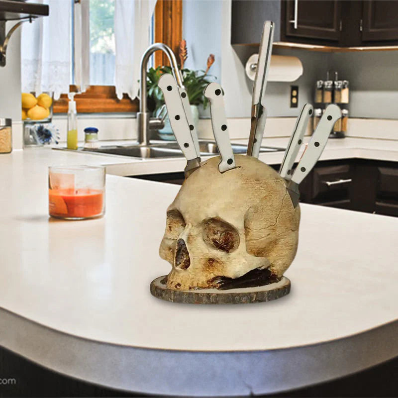 💀Halloweenské prekvapenie🎃Kreatívny držiak na nože v tvare lebky z živice