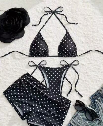 👙✨ Retro bodkovaná 3-dielna bikiny súprava – roztomilosť a štýl v jednom