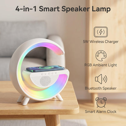 Lampa s reproduktorom a RGB osvetlením v tvare polmesiaca s bezdrôtovou nabíjačkou
