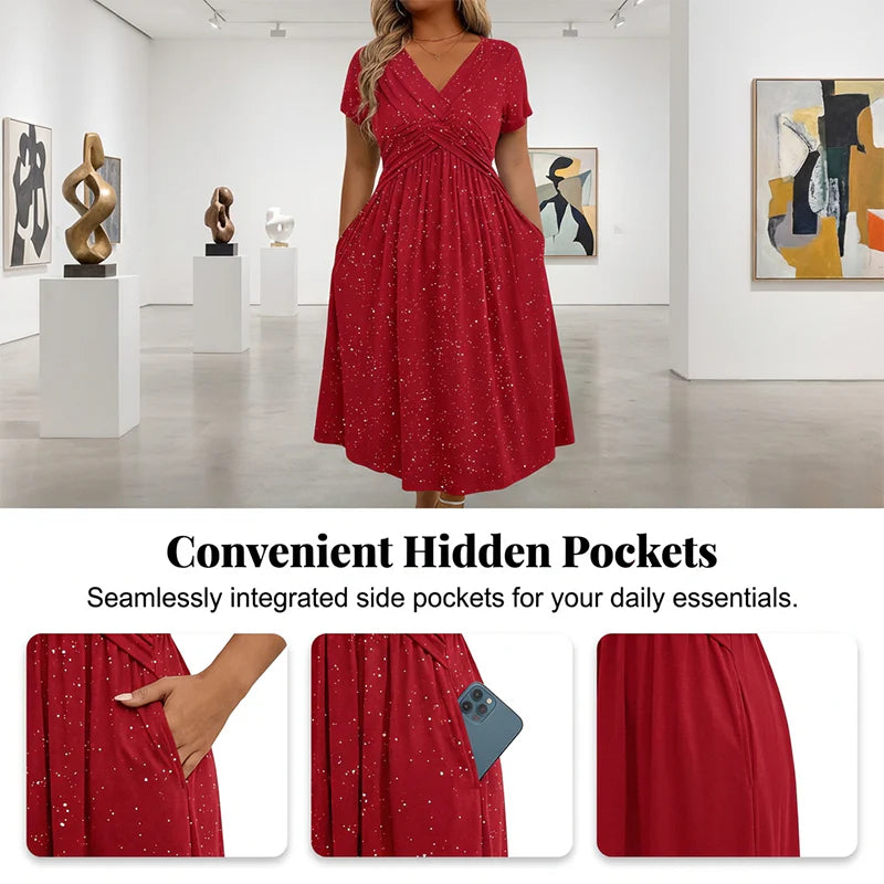 👗  Elegantné dámske midi šaty s vreckami a leskom – pohodlie na jar a leto! 👗