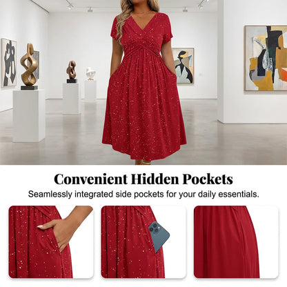 👗  Elegantné dámske midi šaty s vreckami a leskom – pohodlie na jar a leto! 👗