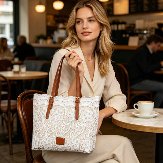 👜 Biela čipkovaná tote taška s PU koženým popruhom – priestranná & elegantná 💖