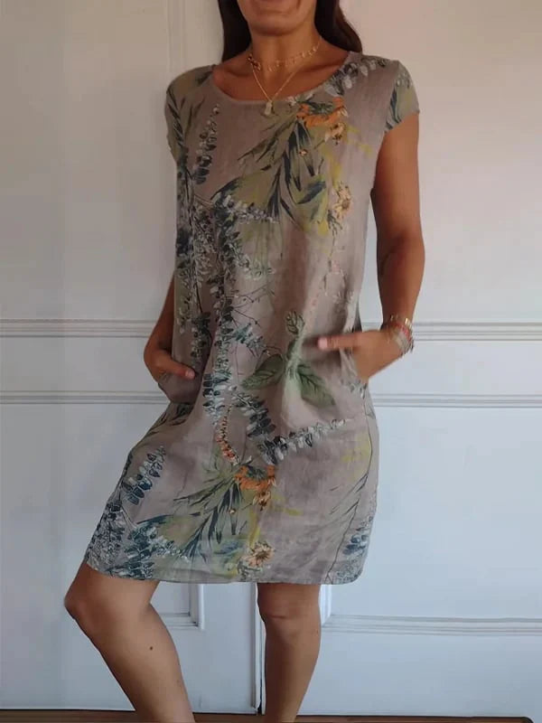 🌼Dámske bavlnené a ľanové šaty s okrúhlym výstrihom a potlačou