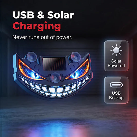 🚗✨ LED výstražné svetlo do auta s solárnym panelom a „diablovým okom“ –🔋 S senzorom vibrácií, nabíjaním cez USB a solárny panel, univerzálne použitie 😈