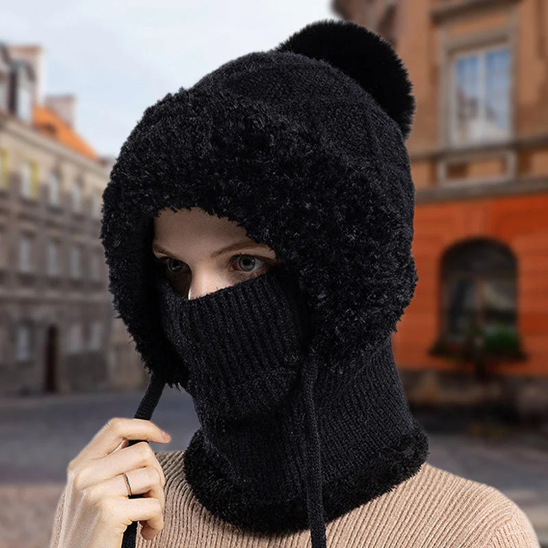 【❄️ Ideálne na lyžovanie, cestovanie alebo každodenné nosenie!】elegantná, hrubá pletená zimná čiapka s teplou pokrývkou tváre a šatkou