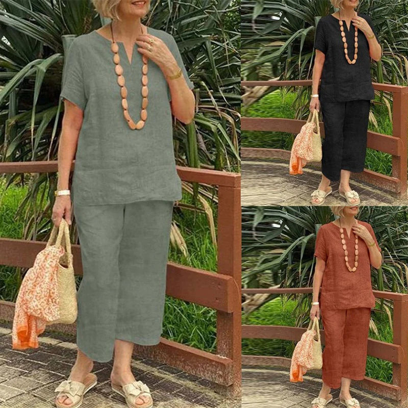 👚👖 Dámska súprava z bavlny a ľanu s výstrihom do V – vzdušný, pohodlný a bezstarostný štýl!