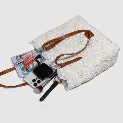 👜 Biela čipkovaná tote taška s PU koženým popruhom – priestranná & elegantná 💖