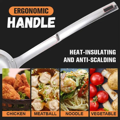🍽️Prémiové sitko z nehrdzavejúcej ocele s jemnou sieťkou – ergonomická rukoväť, odolné voči teplu a ľahko sa skladuje