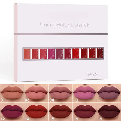 Sada vodovzdorných matných rúžov – 10 farieb, celodenná výdrž 💄