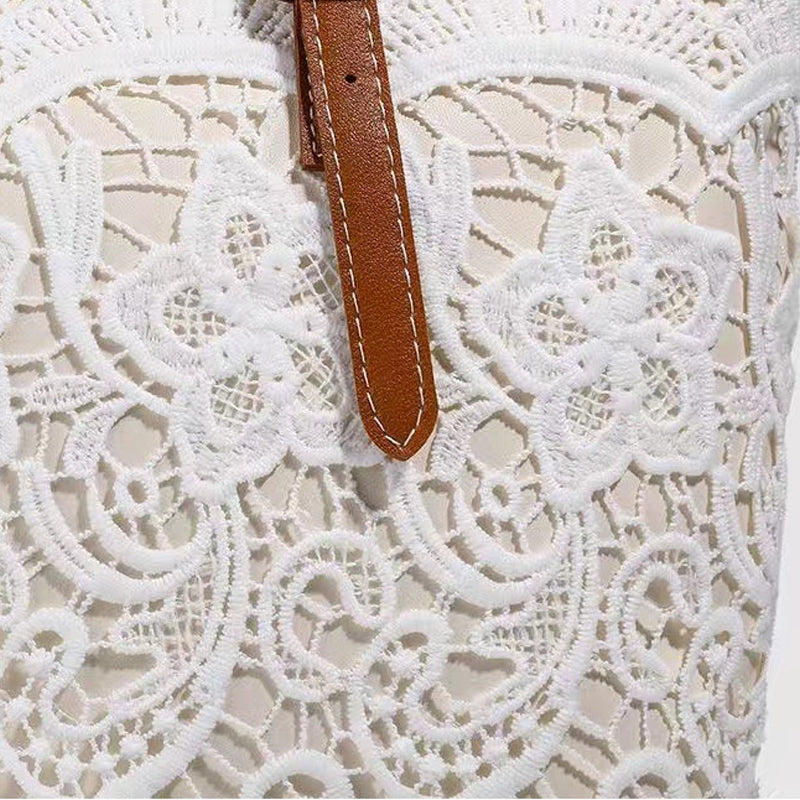 👜 Biela čipkovaná tote taška s PU koženým popruhom – priestranná & elegantná 💖