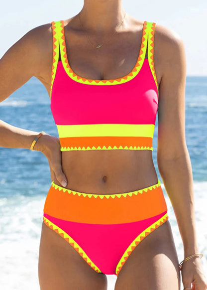 🔥🎁Novinka: 50 % ZĽAVA🔥🌼 Trojdielne športové bikiny z nylonu s farebnými blokmi – vysoký pás so zoštíhľujúcim efektom na brucho 👙
