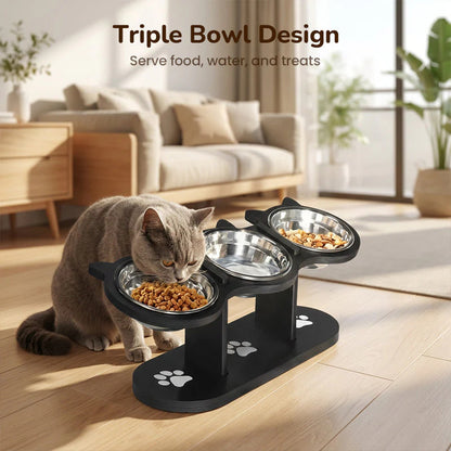 🐾Vysoká miska pre mačky a psov s tromi miskami – neklzká a stabilná🥣🍽️✨