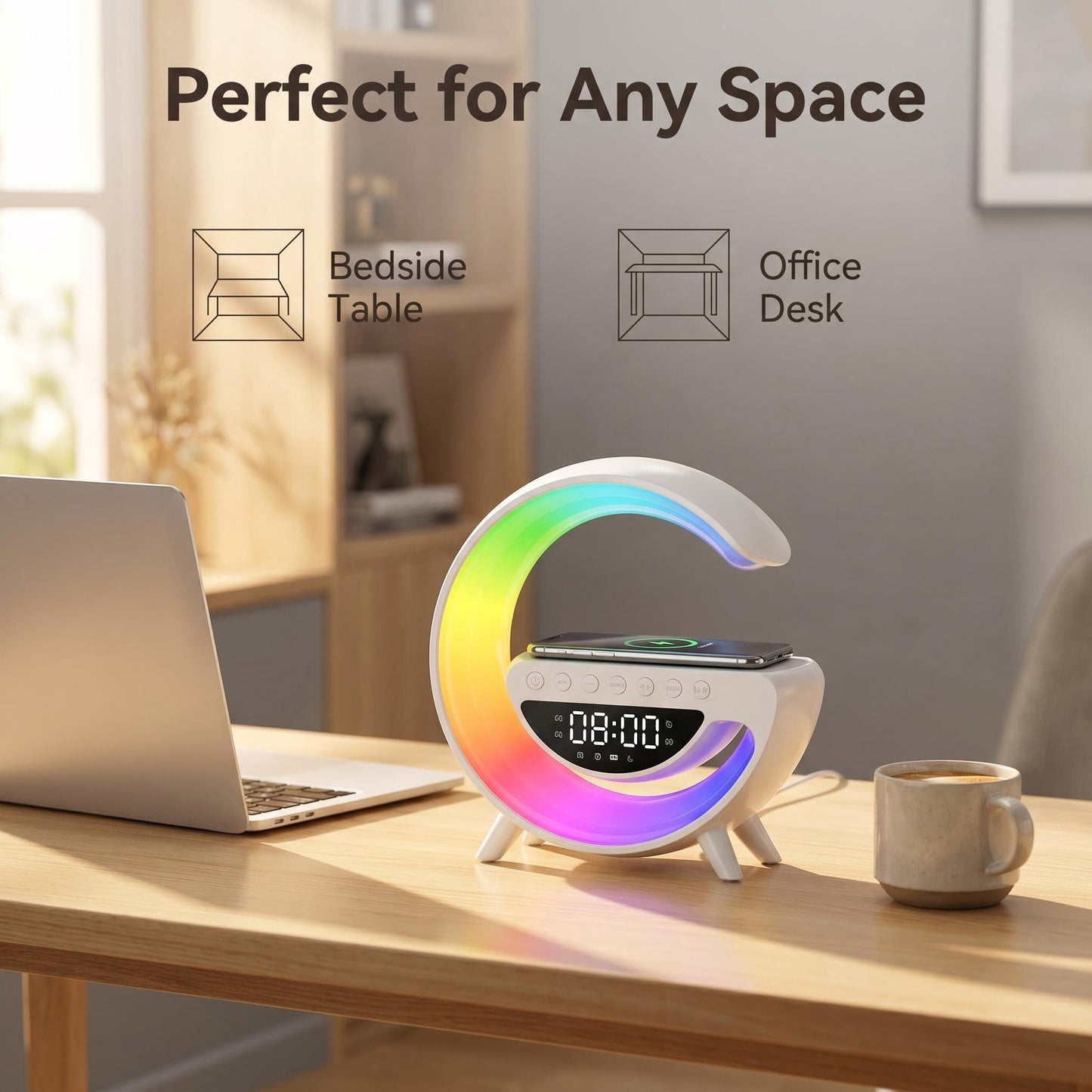 Lampa s reproduktorom a RGB osvetlením v tvare polmesiaca s bezdrôtovou nabíjačkou